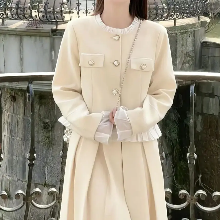 Korea Women's Wood Ear Edge Woolen Suit Half Skirt Set Retro Contrasting Color Round Neck Blazers Pleated Skirt Two-piece Set