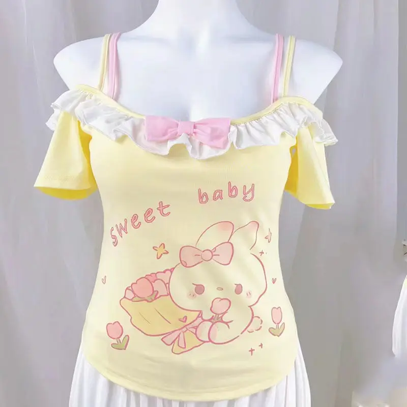 Sweet Cute Lolita Crop Tops Women Y2k Aesthetic Cartoon Bunny Print Bow T-shirt Japanese Casual Off Shoulder Tees Kawaii Y2k Top