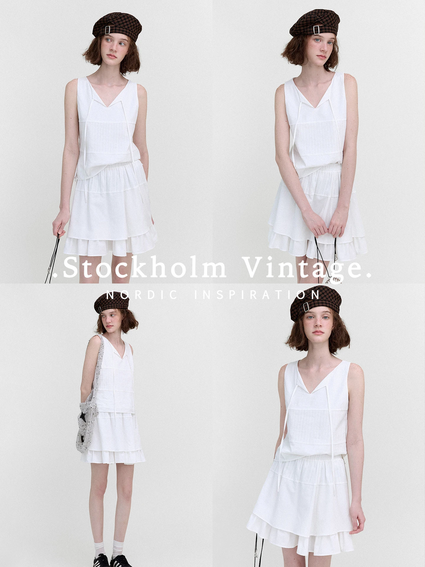 Nordic Retro Vest Top with V-Neck And Belt High Waist Skirt Set Women's Fashion Summer Outfit Sleeveless Patchwork Details
