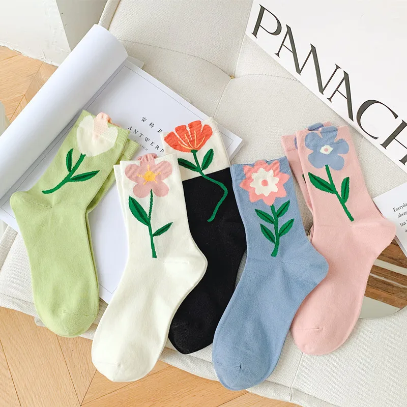 1 Pair Women Socks Japanese Korean Style Cartoon Flower Candy Color Harajuku Kawaii Mid Tube Socks Breathable Casual Short Socks