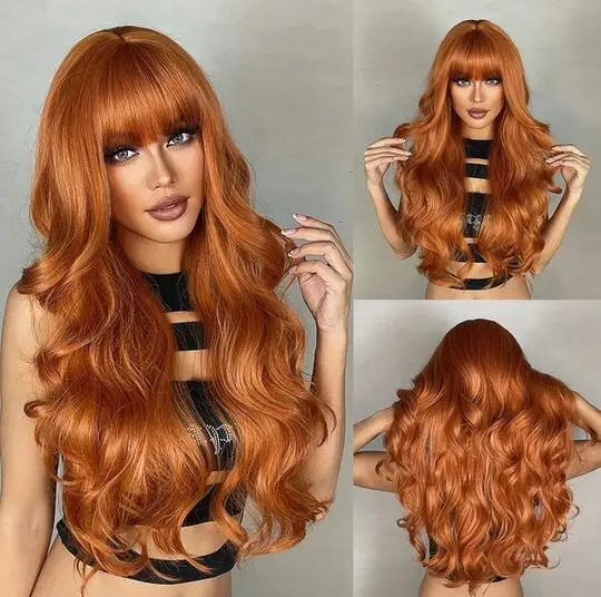 

Ginger Orange Synthetic Wigs for Black Women Long Wavy Wigs with Bangs Cosplay Colored Hair Heat Resistant Body Wave Party Wig