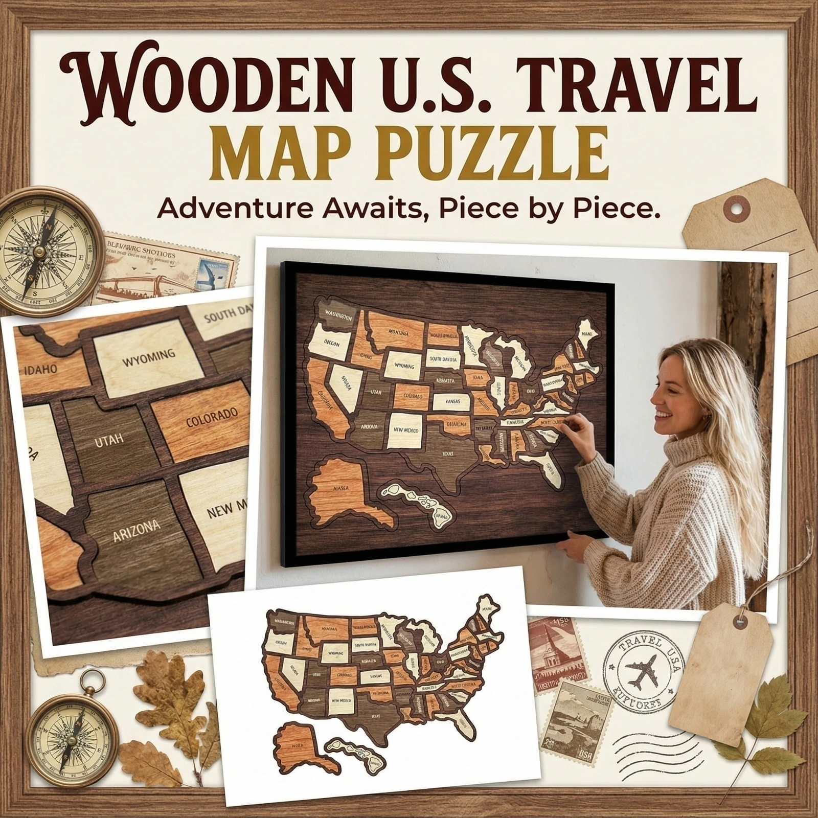 

Wooden US Travel Map Puzzle Wall Art United States State Puzzle Decorative Map Hanging Ornament for Home and Office