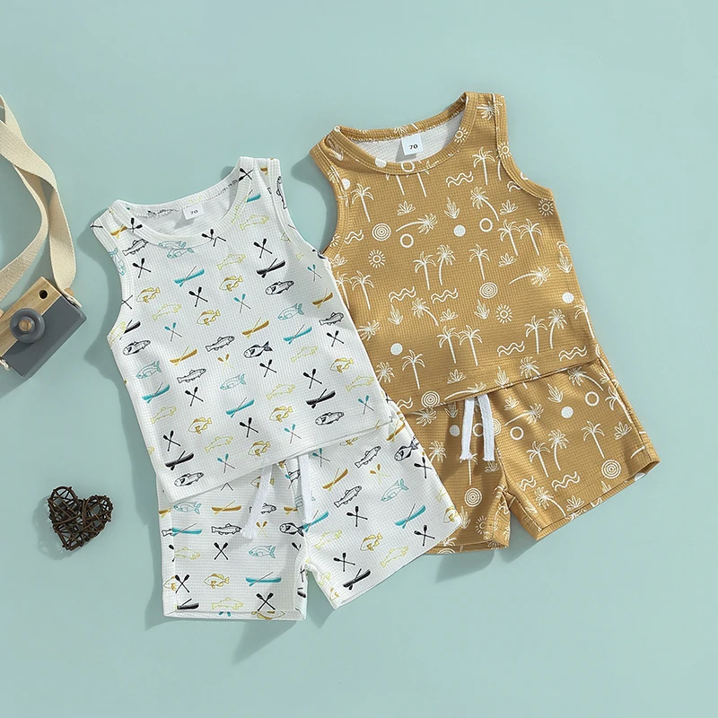 SUNSIOM Newborn Baby Boys Summer Outfits Sleeveless Tree/Fish Print Tank Tops + Shorts Casual 2PCS Clothes Set