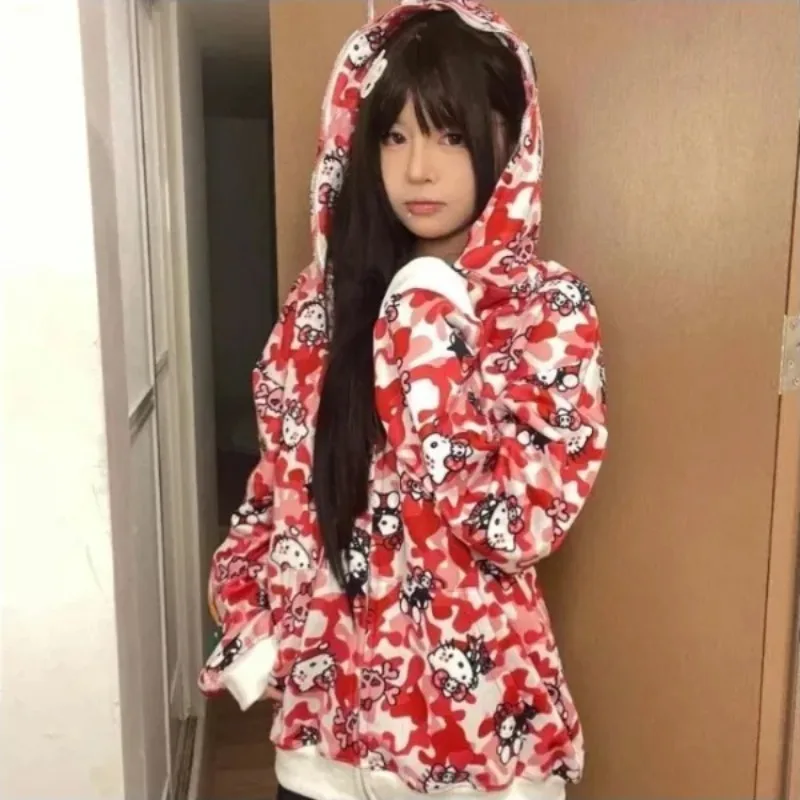 Sanrio Camouflage Hellokitty Harajuku Zip-up Coats Cartoon Kitty Cat Printed Gothic Hooded Sweatshirts Couple Y2k Women Clothing