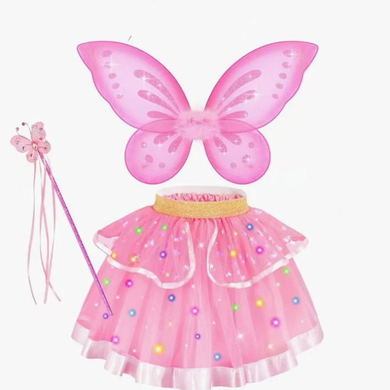 Pastel Pink Fairy Accessory Pack Toddler Glitter Mesh Butterfly Wings Layered Rainbow Dot Tutu Skirt Ribbon Holiday Party Outfit