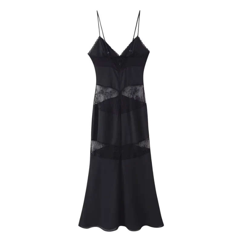 فستان حريري أسود سهل الارتداء - قميص نوم مزين بالدانتيل ورقبة على شكل حرف V وحزام سباغيتي مستوحى من أناقة S/S
