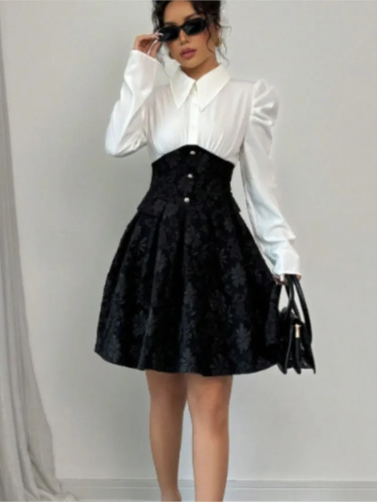 Abito autunnale Donna Fiore Patchwork floreale Volant Pieghettato Moda Abiti eleganti da donna Mini abito da donna sottile a vita alta