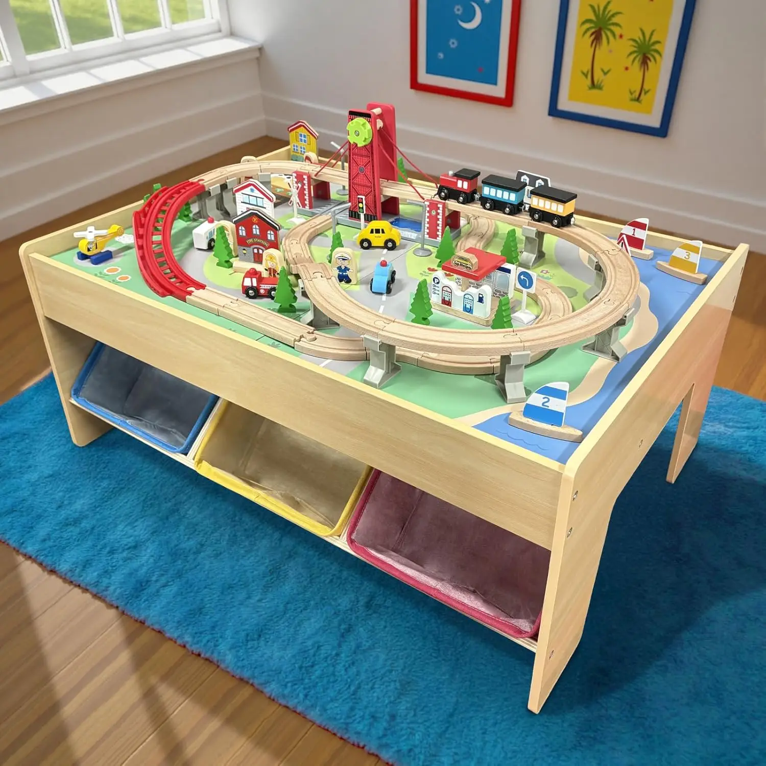 

Wooden Train Set & Table for Toddlers, Reversible Activity Table with 3 Bin Storage, Birthday Gift for Kids Ages 3-7