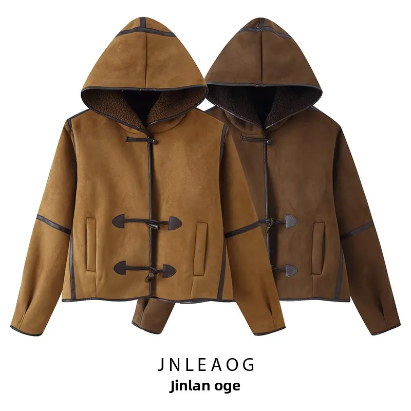 Faionable All-Match-Mantel aus Lammfell mit Kapuze für Damen aus Polyesterstoff, lange Sve-Standversion für die Herbstsaison