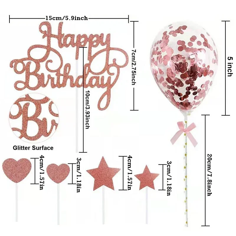 1 conjunto de glitter feliz aniversário bolo topper confetes balão coração estrela cupcake sobremesa decoração chá de bebê decoração do bolo suprimentos