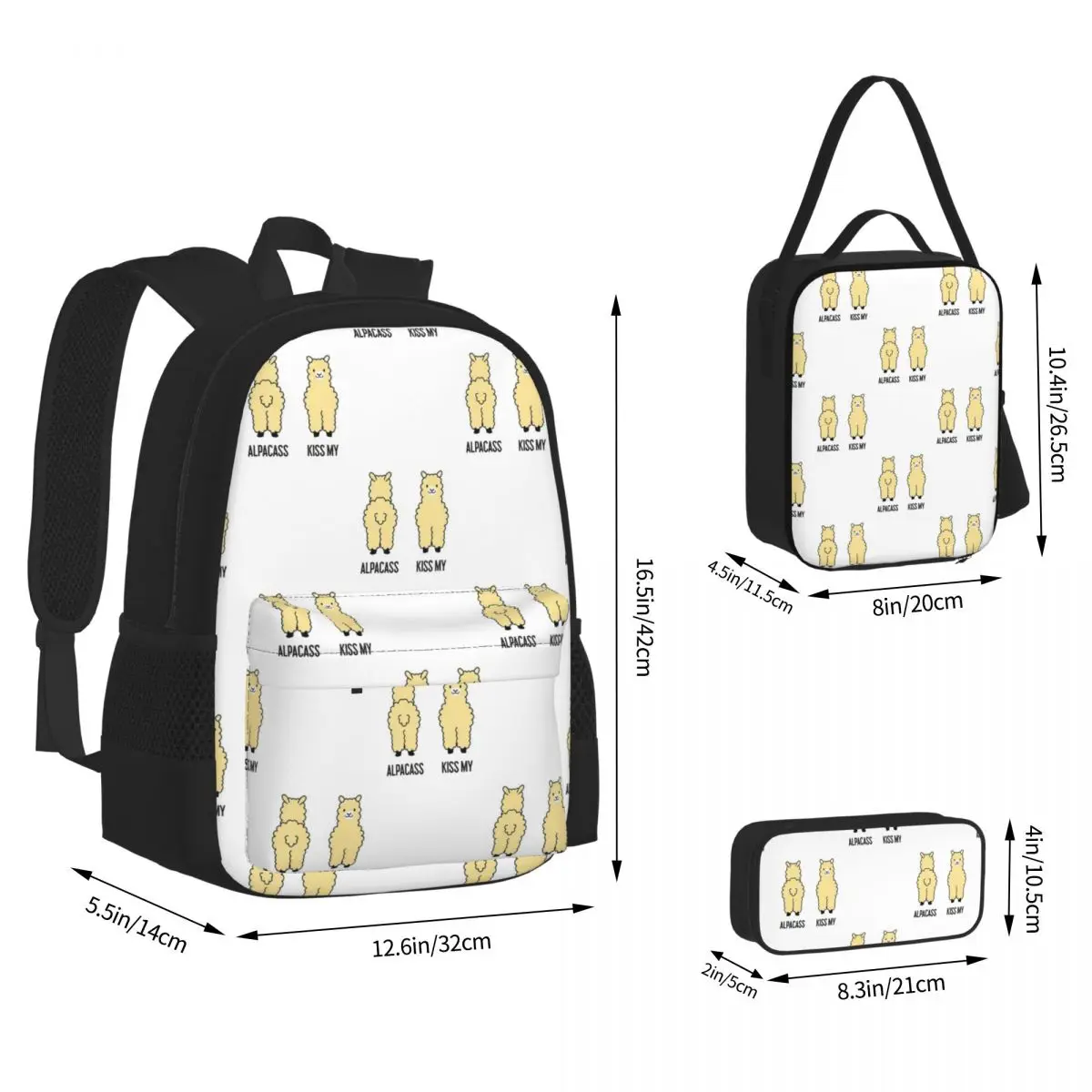 Sided Kiss My Alpacass Funny Alpaca Llama BackpacksStudents School Bags Kids Rucksack Lunch Bag Pen Bag Three-Piece Set