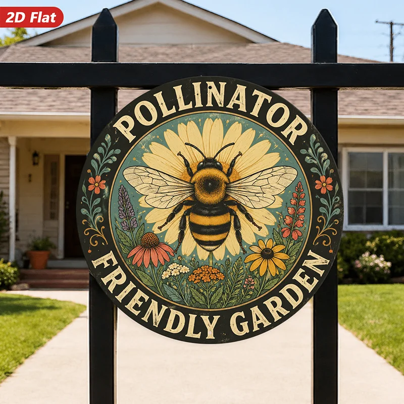 2D Flat, 1pc Pollinator Garden Round Metal Sign Wall Art, Home Decor, Pollinator Friendly Garden Text, Bumblebee And Sunflower,