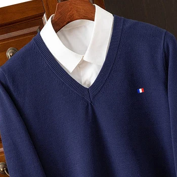 เสื้อสเวตเตอร์ผ้าแคชเมียร์คอวีสำหรับผู้ชาย, เสื้อกันหนาวถักแบบสวมหัวคอวีแขนยาวเสื้อจัมเปอร์มิงค์แขนยาวฤดูใบไม้ร่วงและฤดูหนาว