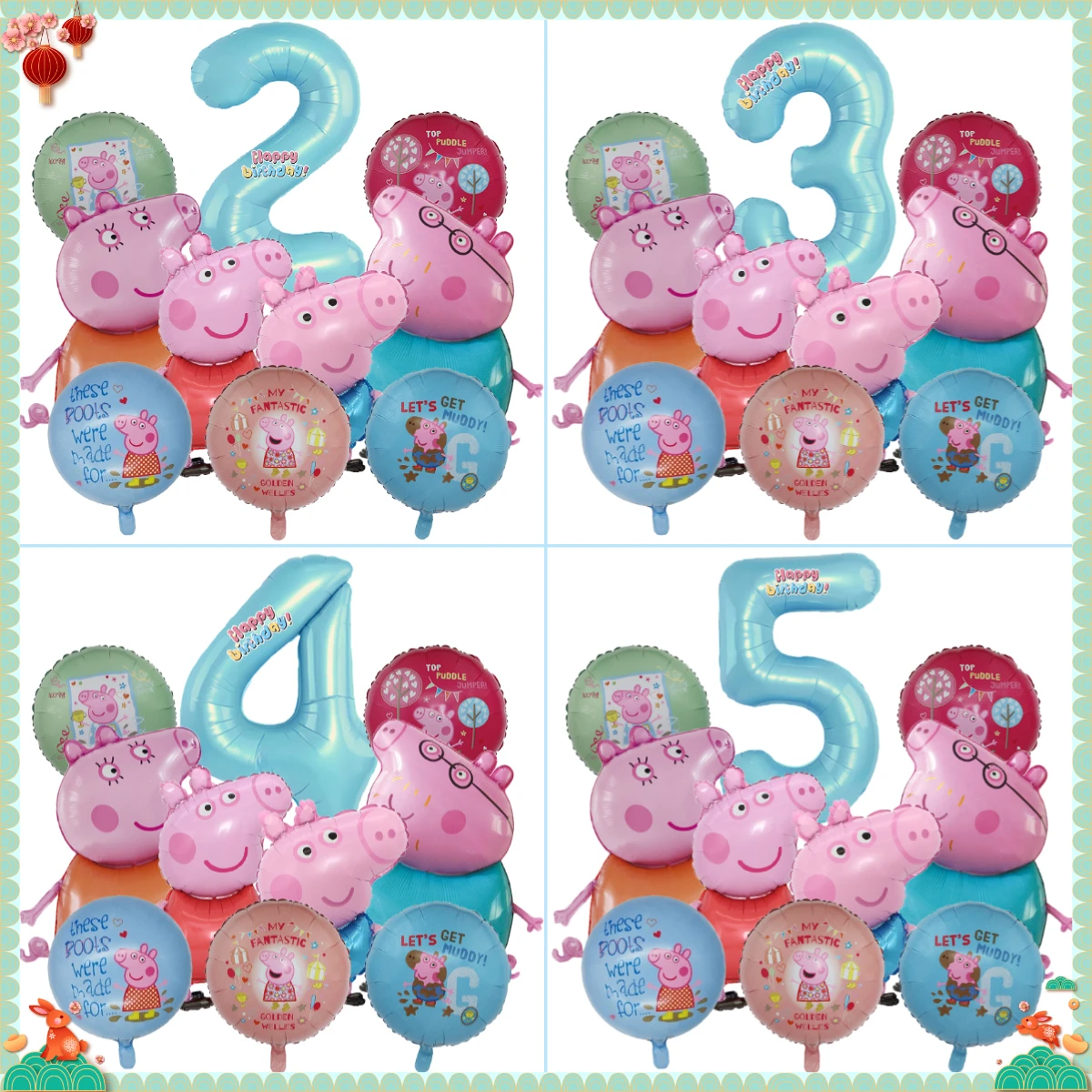 10 Stück Cartoon Peppa Pig Familie Ballon-Set Hellblaue Zahlen 0-9 Folienballons Themen-Rundballons Geburtstags-Hintergrund-Dekoration