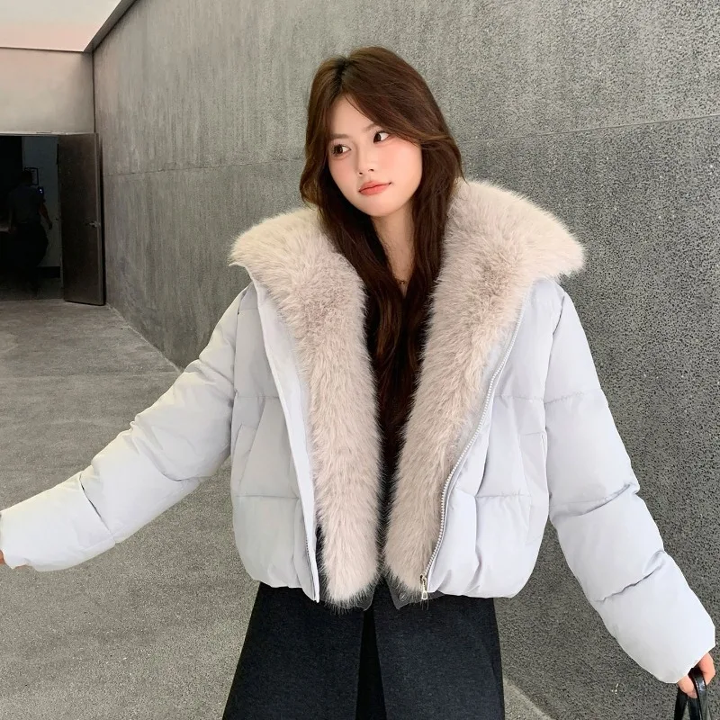 New Winter Cotton-padded Jacket Is Thick Warm Casual Loose Short with Large Fur Collar Polyester Cotton-padded Jacket for Women.