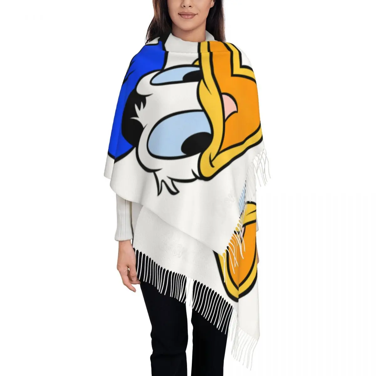 

Custom Donald Duck Cartoon Tassel Scarf Women Soft Shawls Wraps Lady Winter Scarves
