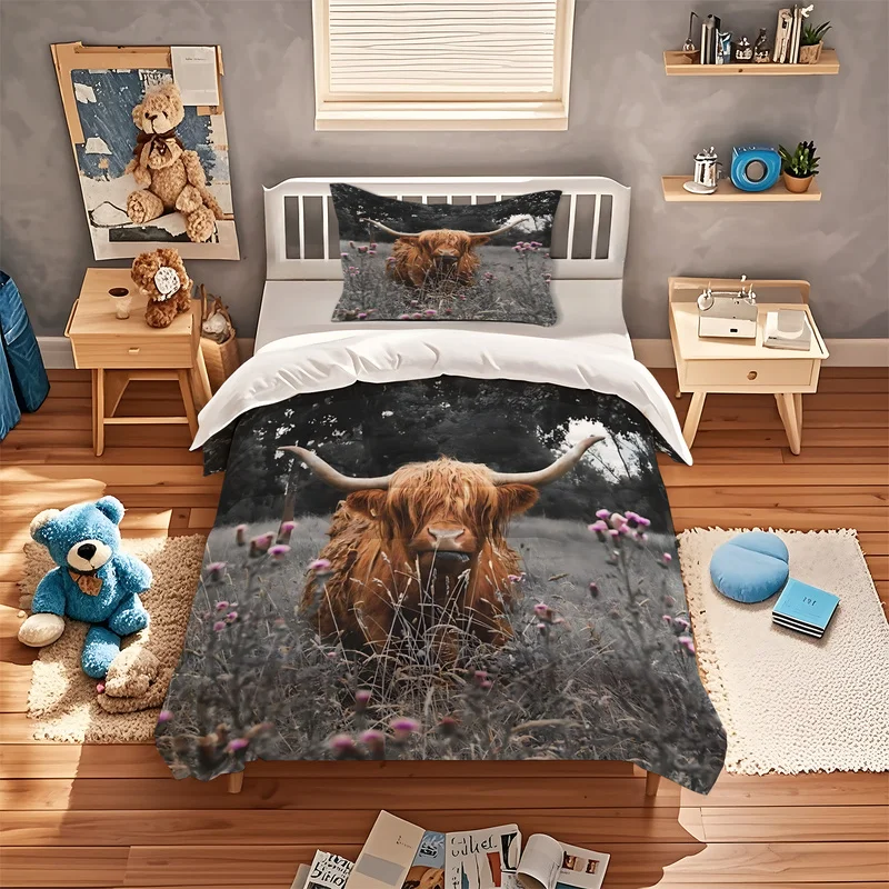 2/3Pcs Microfiber Duvet Cover Set(Without Comforter & Pillow Inserts),Multi-Sizes,Skin-Friendly,Ultra-Soft,Highland Cow Print