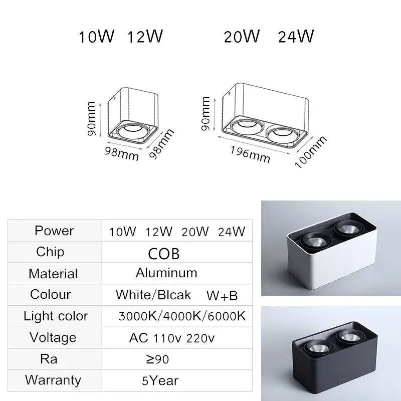 Kwadratowy ściemnialny LED do montażu na ścianie Downlight 10W 12W 20W 24W lampka pojedyncza/podwójna głowica sufitowa powierzchnia lampy