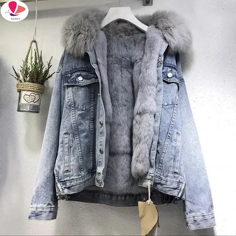 2024 New Big Fur Collar Denim Jacket Women Winter Warm Basic Coat Female Cold Motorcycle Outerwear Fleece Thick Padded Overcoat