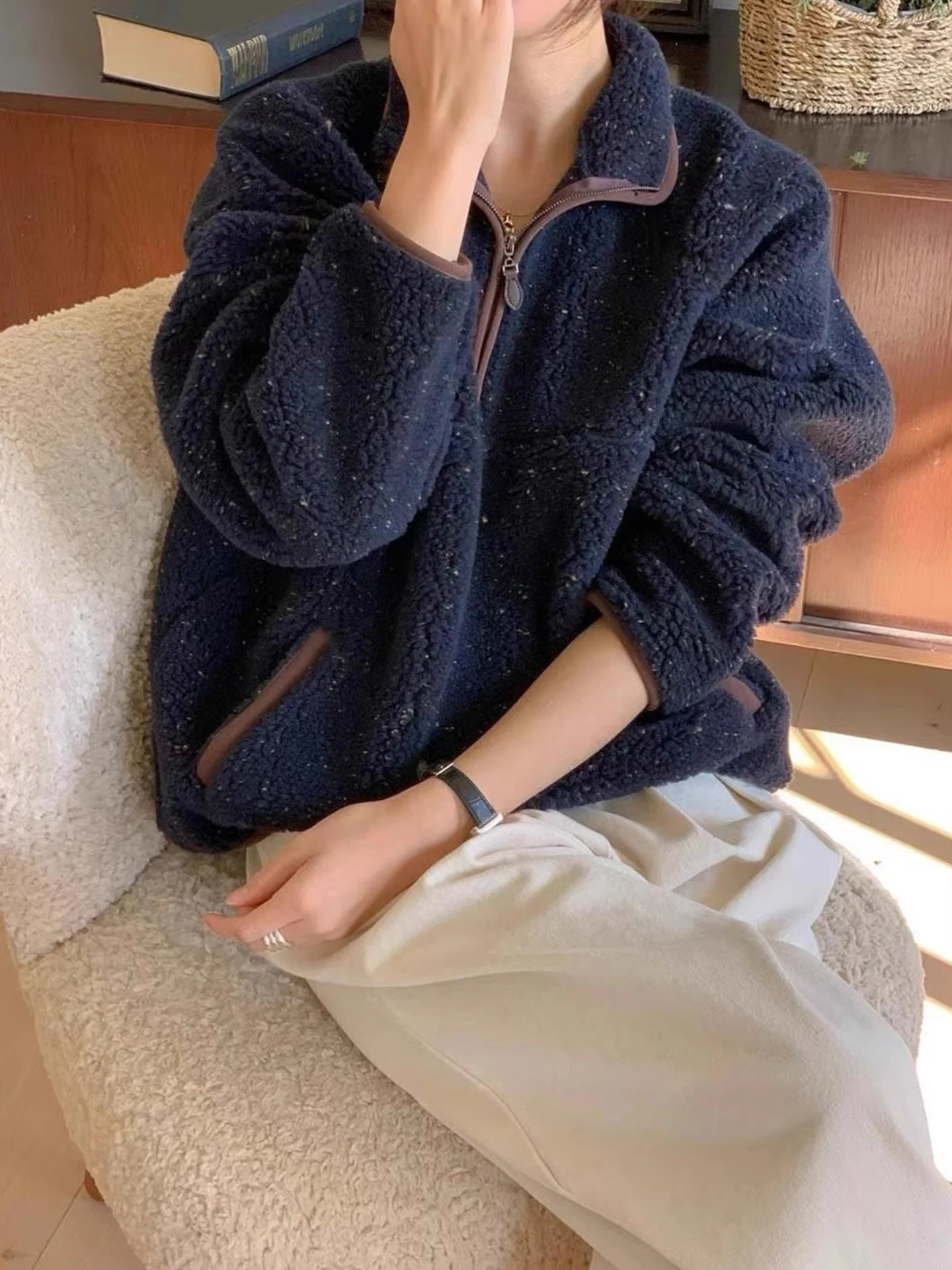 양털 후드 여성용 루즈핏 스탠드 칼라 지퍼 혼합 니트 겨울 캐주얼 탑 안티에이징 지퍼 컬러 블록 스웨터