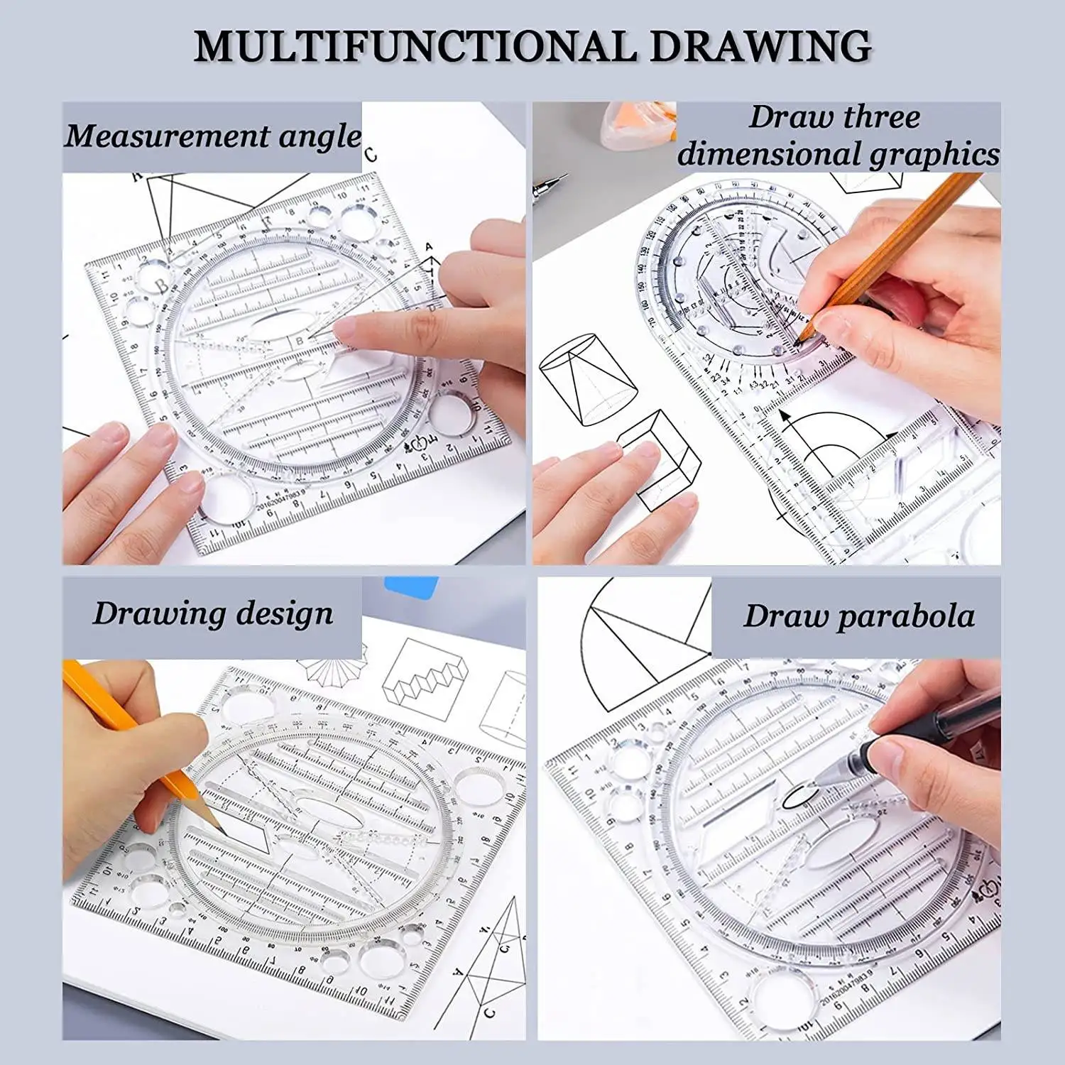 Conjunto de Régua Geométrica Multifuncional, Régua Plástica, Ferramentas De Desenho, Círculo De Medição, Matemática, 4 Pcs