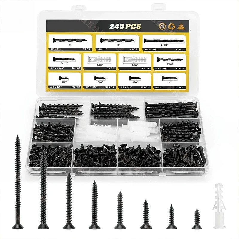 240Pcs Phillips Countersunk Head Self-Tapping Wood Screws Assortment Kit, Imperial, Black, Blue-White & Color Zinc Plated