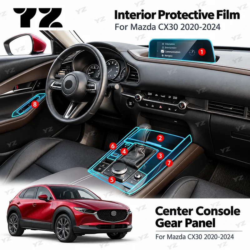 YZ Center Console Gear Panel and Navigation Screen Protective Film For Mazda CX30 2020-2024 TPU Interior Anti-Scratch LHD