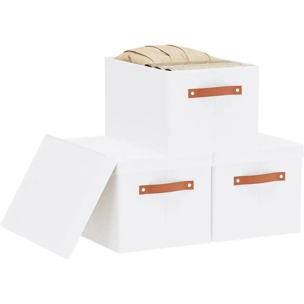 

Набор из 3 коробок для хранения с крышками, корзин для полок, декоративных органайзеров для шкафа из льняной ткани с ручками, белый, 16,5 x 11,8 дюймов