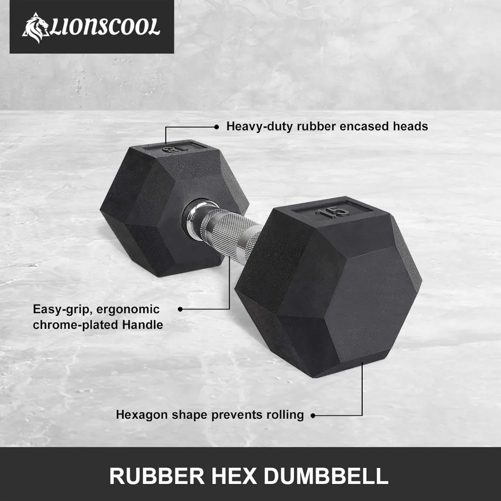 Rubber Encased Hex Dumbbells in Pairs or Single, Hand Dumbbell Weight with Metal Handle for Strength Training