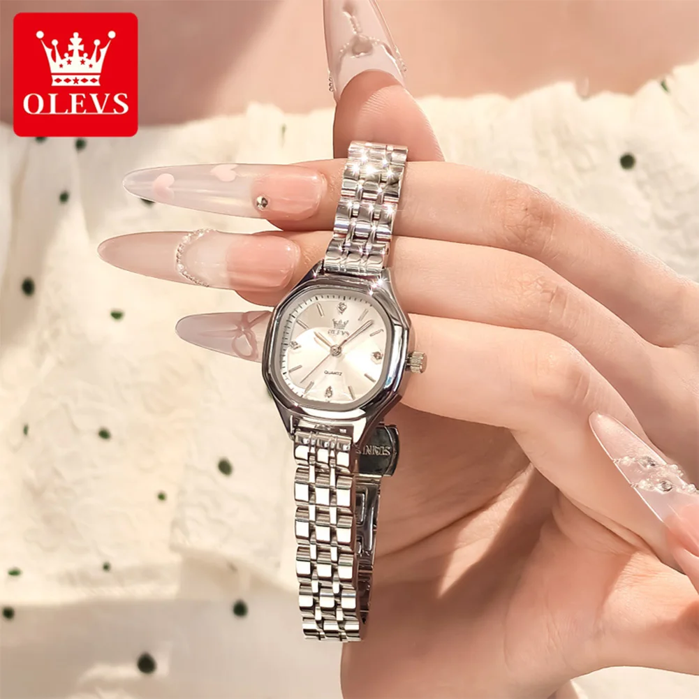 OLEVS Elegant Oval Vintage High-Appeal Ladies Quartz Watch Luxury Stainless Steel Bead Bracelet Stylish Cross-Border Watch