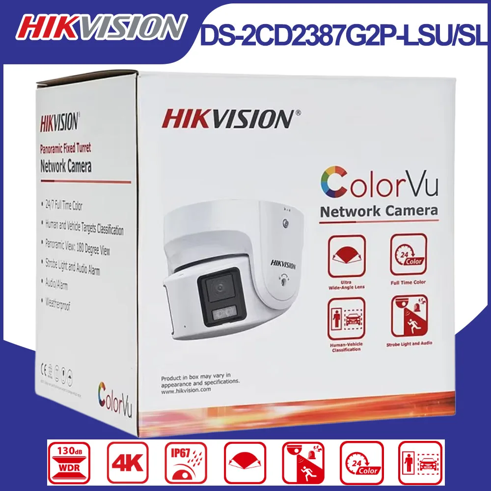 Hikvision DS-2CD2387G2P-LSU/SL 8MP 180° Panoramic ColorVu Turret IP Camera PoE IP67 Active Strobe Light Alarm Two-way Audio