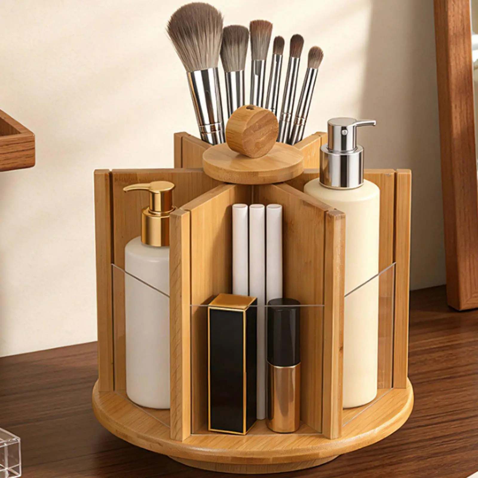Rotating Wooden Makeup Organizer Large Capacity 360 Degree Cosmetic Storage Turntable Multi-Compartment 360 Revolving Skincare