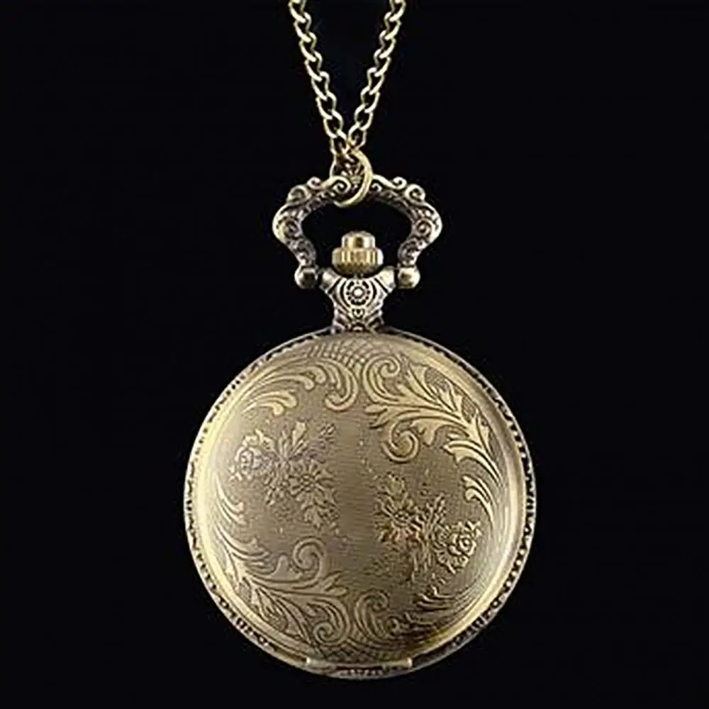 Bronze Clamshell Pocket Watch para Mulheres, Colar De Corrente De Quartzo, Presente Retro