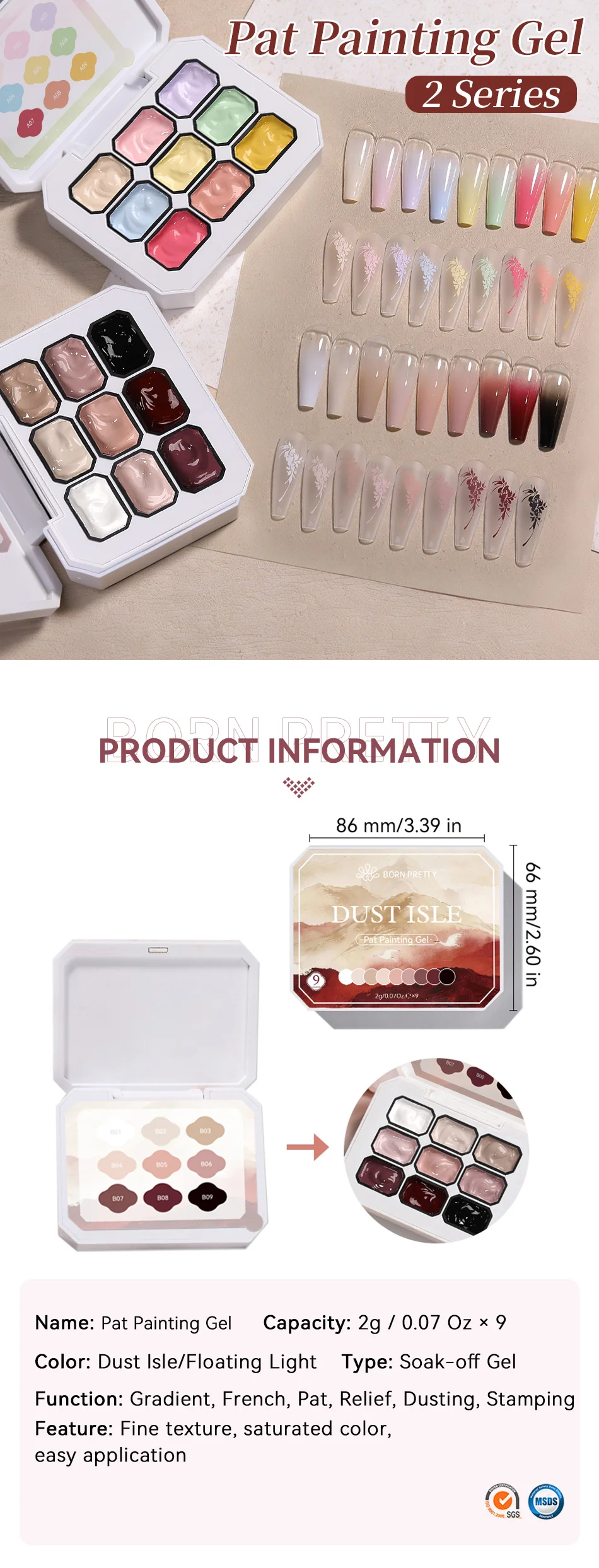 BORN PRETTY 9 Farben Pat Painting Gel Nagellack Blüten-Stempeldesign UV LED Soak Off Gel Lack Farbverlauf Pat Gel Palette – Detail 1