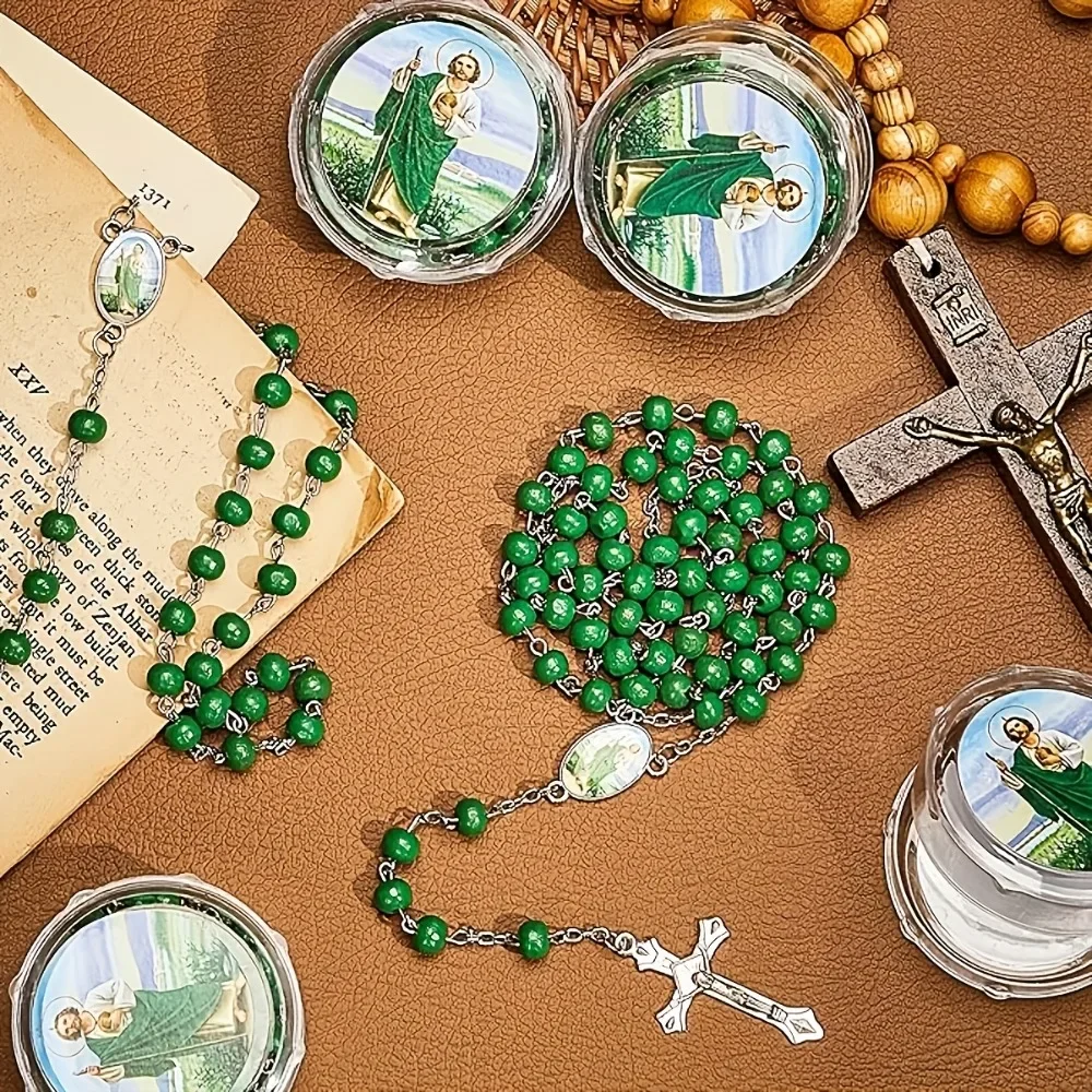 3-12Sets Green Bead St Jude Rosary Necklace with Organza Bags First Communion Baptism Catholic Religious Church Guest Favor Gift