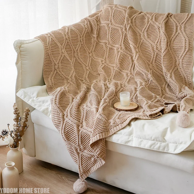 Nordic Wool Ball Knitted Woven Blanket Soft Throw Decor for Bedroom Sofa Office Portable Travel Air Conditioning Cover
