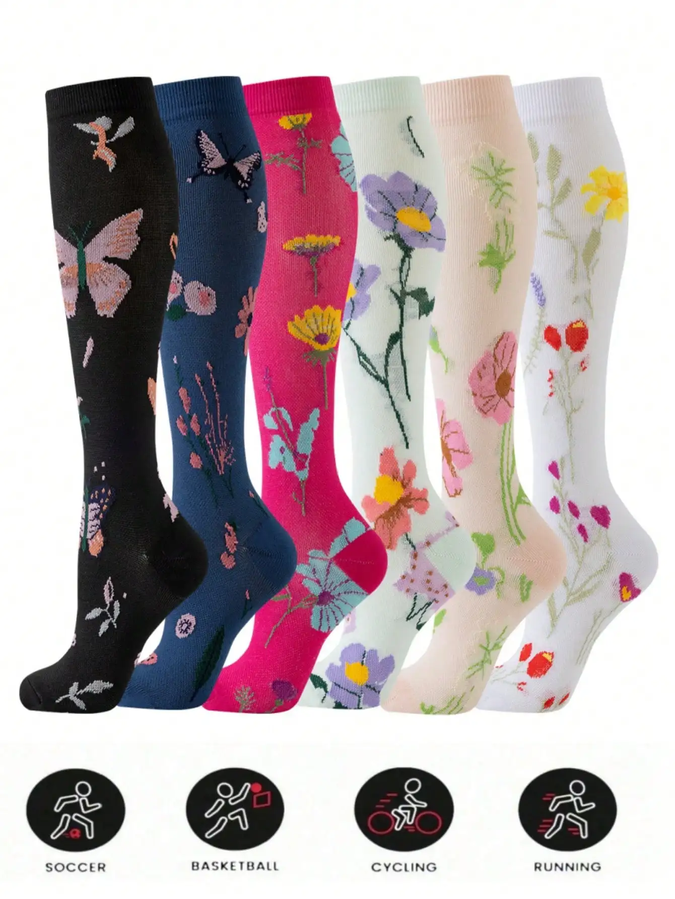 

6 Pairs Unisex Floral Pattern Compression Socks, Suitable For Nurses, Graduated Support, Breathable Cute Design, Ideal For Travel, Running And Other Occasions, Floral Pattern Compression Calf Socks, Women's Festival/Mother's Day Gift Socks, Y2K Style,