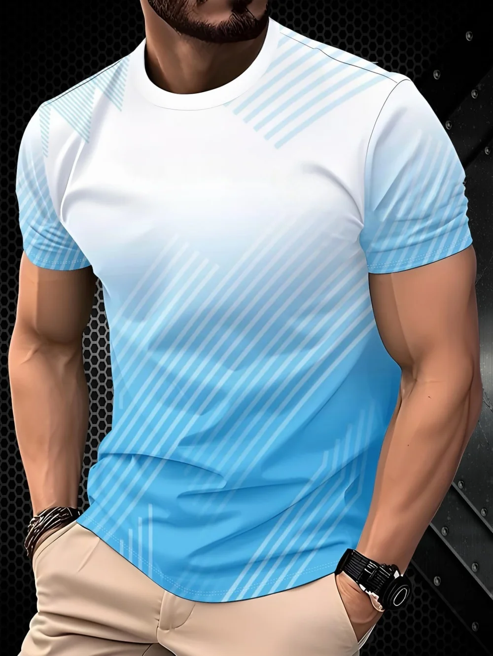 Summer Men Quick Dry T-shirt High Elastic Pink Blue Broken Line Geometric Print Short Sleeve Breathable Crew Neck Soft Daily Tee