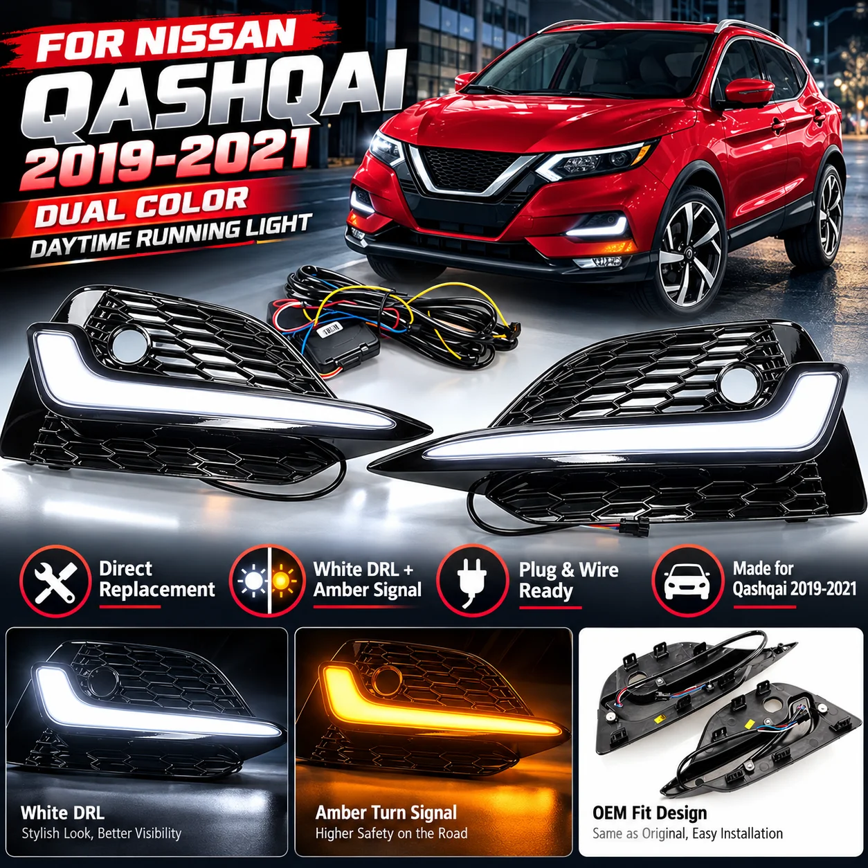 For Nissan Qashqai 2019‑2021 Triple Color LED Daytime Running Light DRL With Turn Signal
