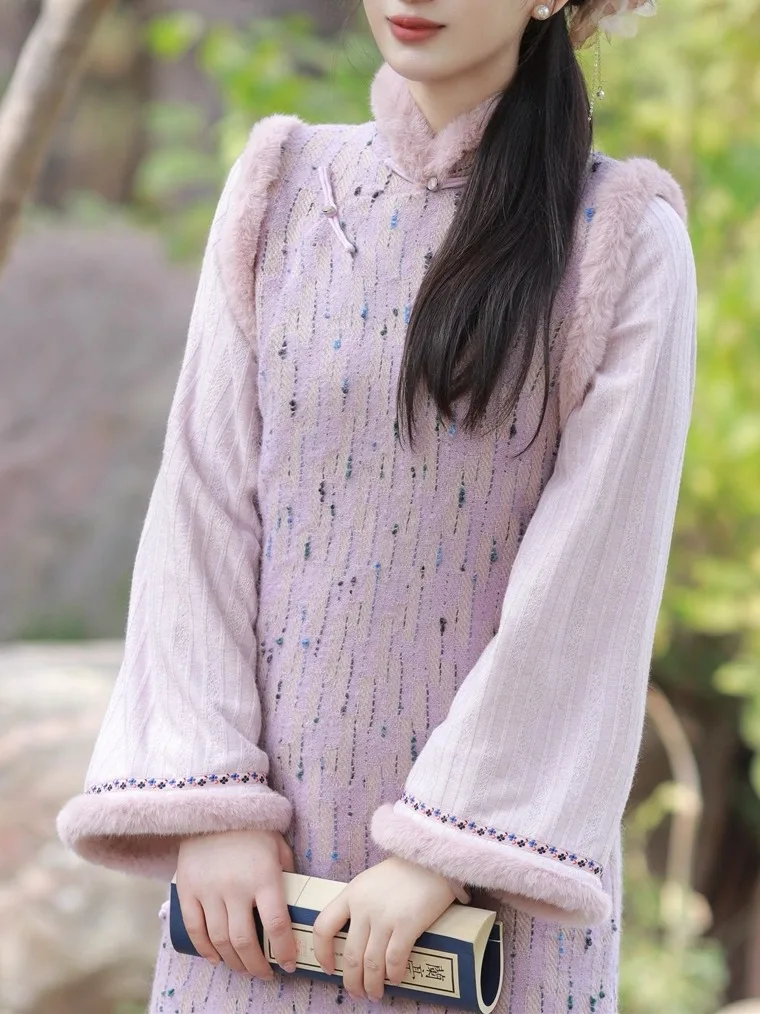 

Purple Wool Svel Midi Qipao Dr New Chinese Sle with Fringe for Women Vintage Wind Thiened Long Sve Autumn Win...