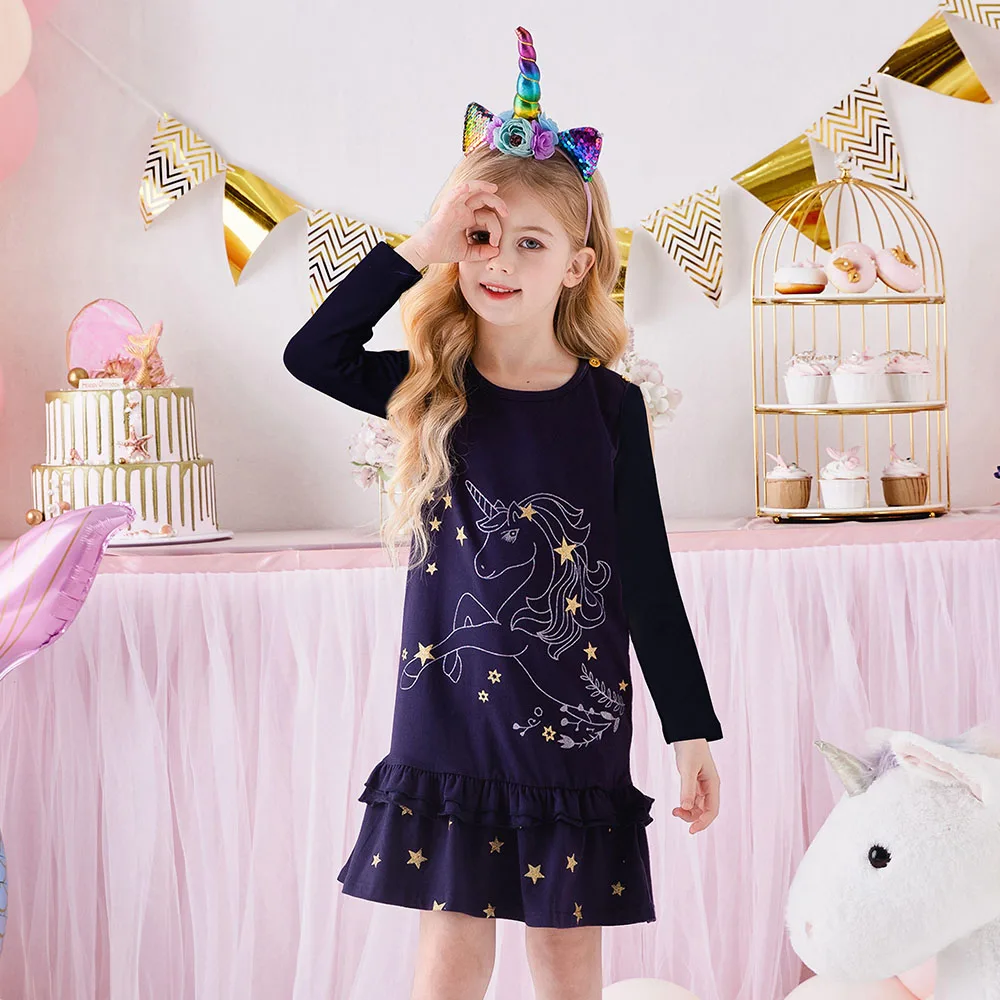 DXTON Long Sleeve Girls Dress Unicorn Winter Baby Toddlers Casual Dress Ruffles Patchwork Children Dress Cartoon Kids Costumes