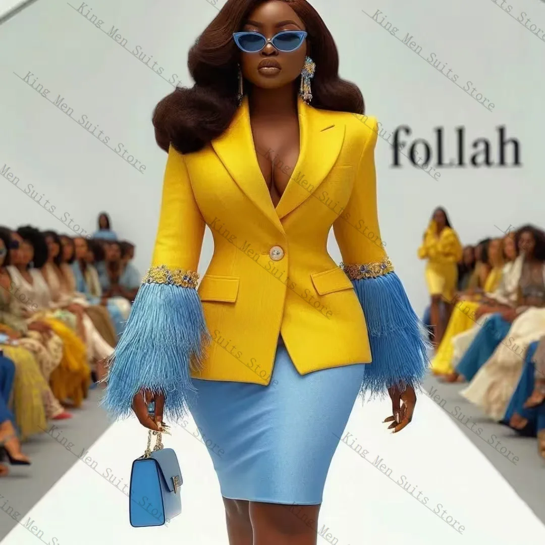 Luksusowy damski komplet z piórami, 2-częściowy: marynarka + krótka mini sukienka na studniówkę, bawełniany, szyty na miarę, formalny garnitur dla gościa weselnego, smoking, płaszcz, kurtka.