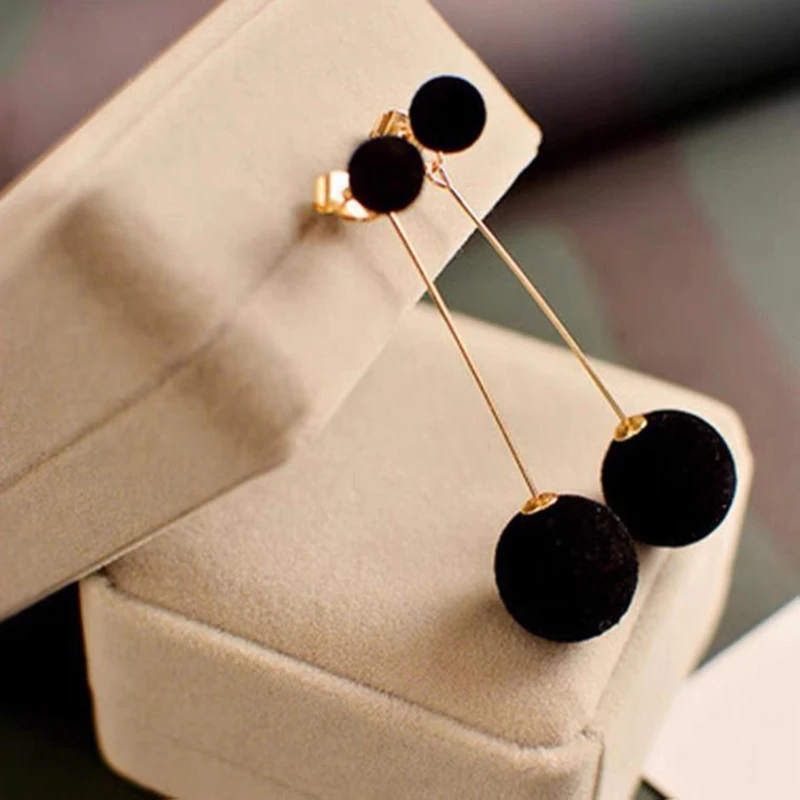 Black Plush Big Small Ball Long Earrings For Women Wedding Party Elegant Drop Dangle Earrings Fashion Statement Jewelry Gift