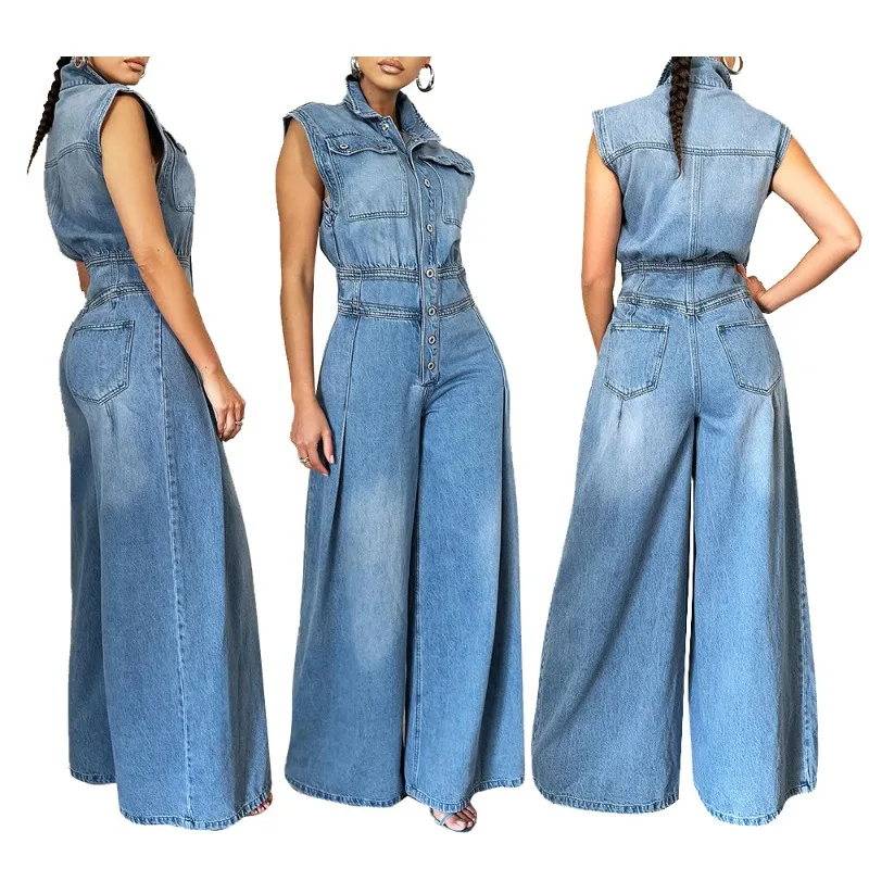 

New Women's Washed Sleeveless Denim Jumpsuit Spring and Autumn Casual Wide Leg Pants Fashion Female Cowboy Sports Jumpsuit