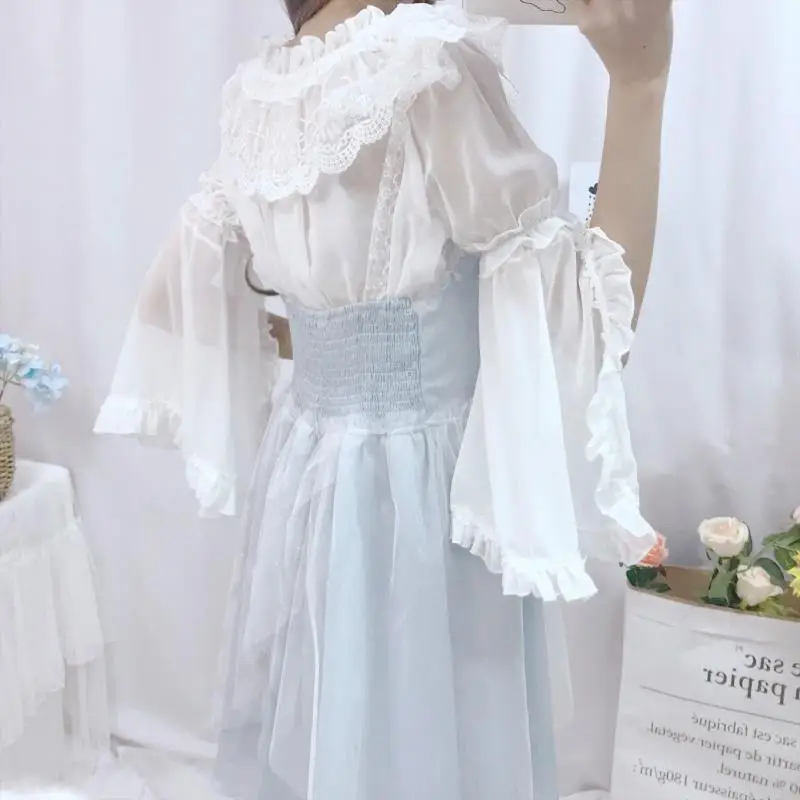 

Lolita Lace Patchwork Chiffon Blouse Women Slash Neck Flare Sleeve Split Design Crop Top Fairy Sweet Y2k Base Shirts