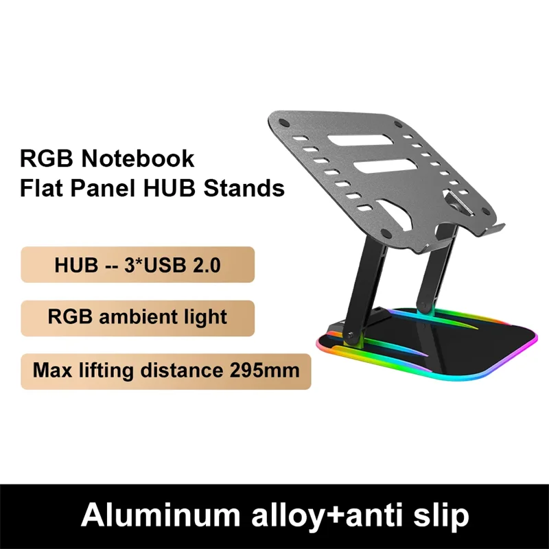 Soporte de aleación para ordenador portátil, Base de luz RGB con HUB 3 puertos USB 2,0, Base de Elevación plegable para Notebook