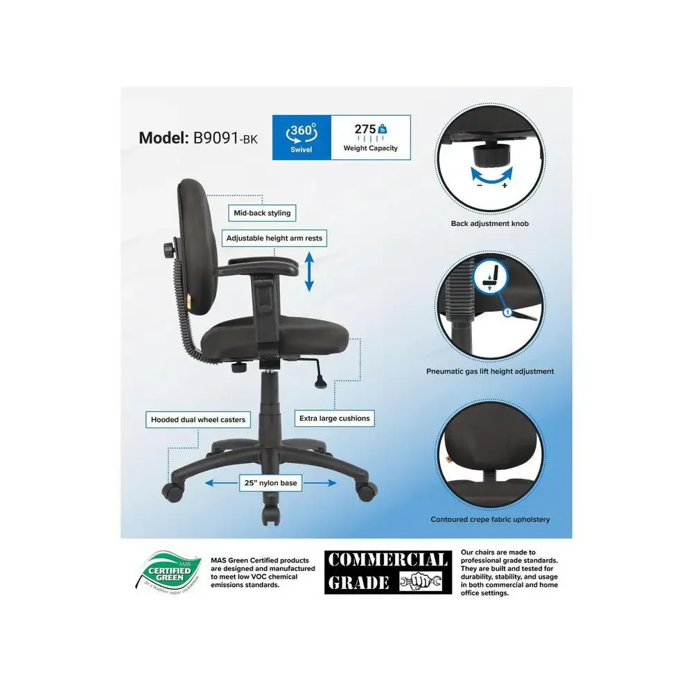 Black Fabric Upholstered Wide Seat Office Swivel Chair Arms Gas Lift Adjustable Ergonomic Task Chair Boss B9091-BK 275 lbs