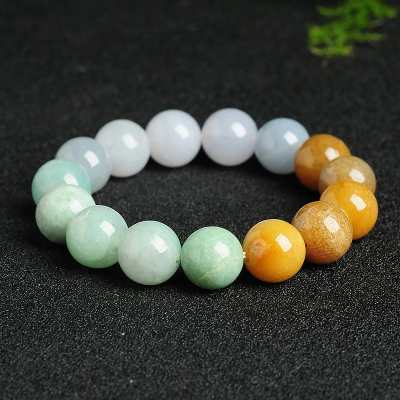 Natural Jadeite Ice Glutinous Seed Three-color Round Bead Men's and Women's Bracelet