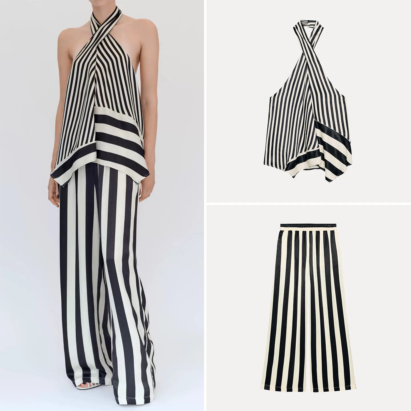 High Waist Wide Leg Pants Color Block Neckline Striped Shoulder Women's Fashion Set ZADATA Brand Summer Collection