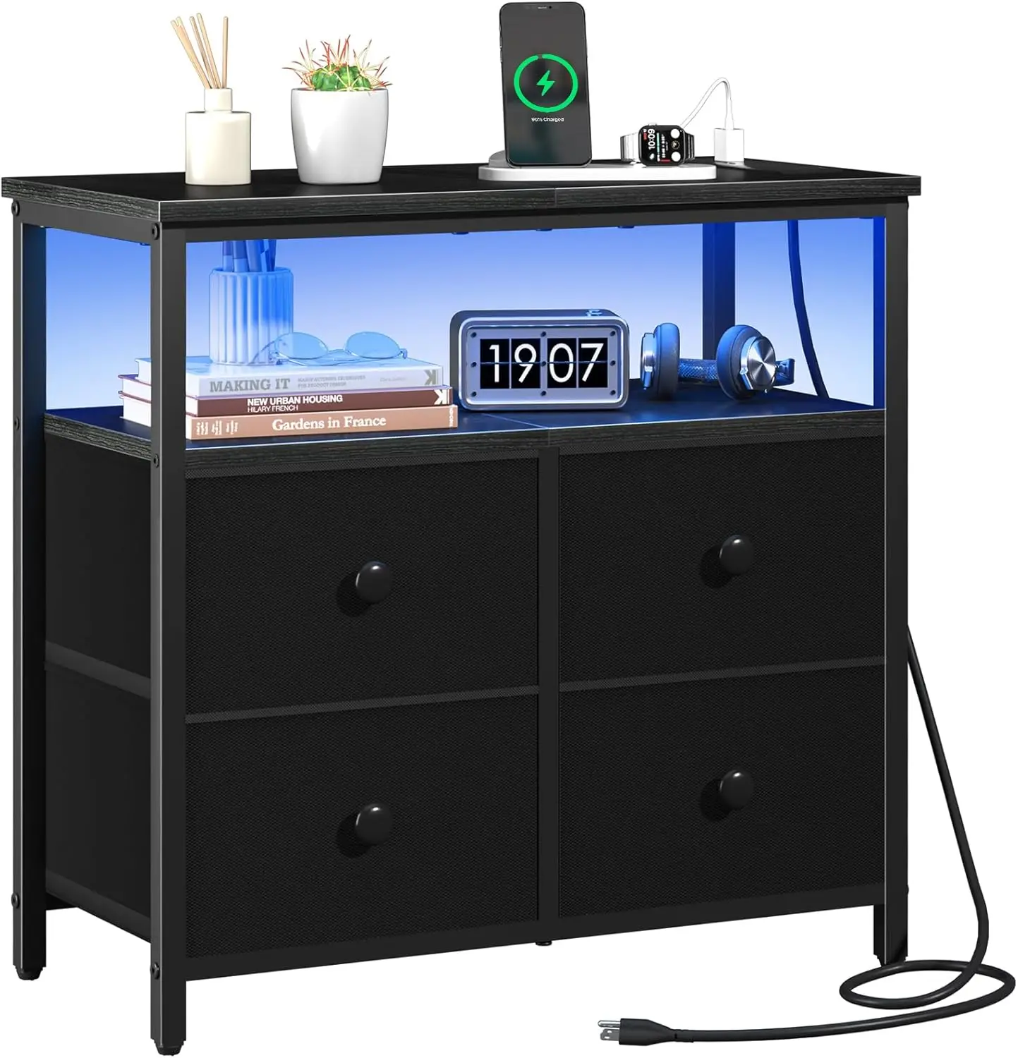 

Nightstand with 4 Drawers & LED Charging Station, 3-Tier Wood End Table for Bedroom Office Black